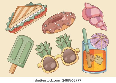 Summer beach picnic food and accessories set isolated on background. Contemporary vector cartoon illustration of vegetable sandwich, sweet chocolate donut, ice cream, cocktail glass, sunglasses, shell