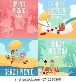 Summer beach picnic poster set - cartoon people on romantic vacation on tropical island with food basket sitting on sand by water. Vector illustration.