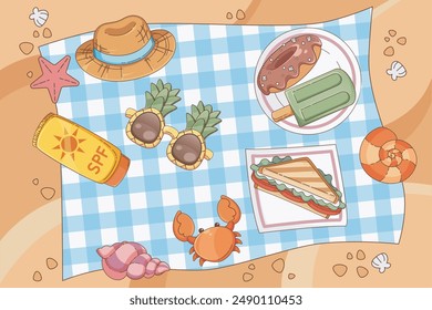 Summer beach picnic setup with food and sea vacation elements on checkered cloth blanket on sand. Cartoon cute food for outdoor dinner - sandwich on plate, donut and ice cream, summertime accessories.