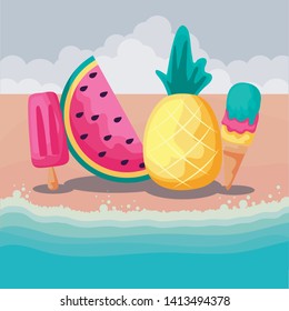 summer beach with pineapple fruit and set icons