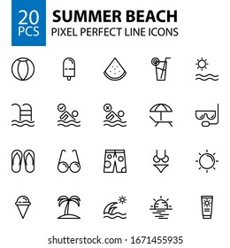 Summer beach pixel perfect line icons set