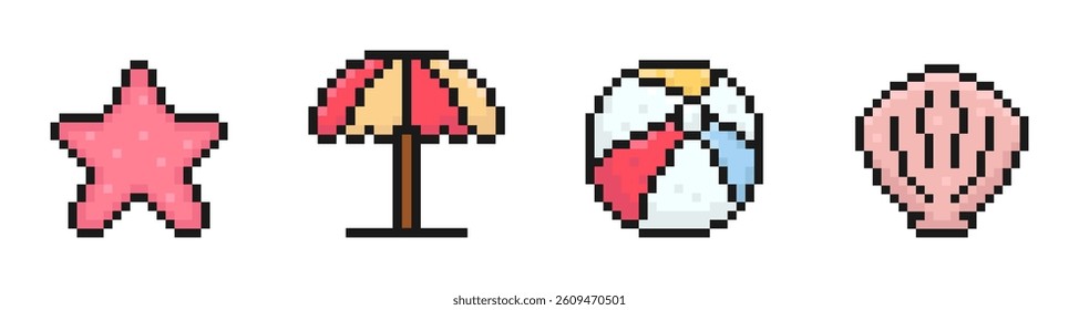 summer beach pixel set of icons, vintage, 8 bit, 80s, 90s games, computer arcade game items, starfish, beach umbrella, ball, seashell, vector illustration