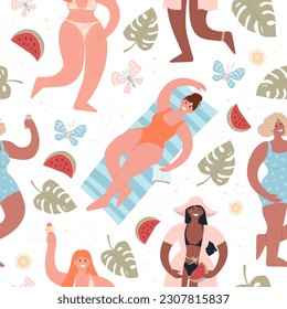 Summer beach or pool party. Diverse women in swimsuits have fun. Seamless pattern for any design. Cute flat vector modern illustration for fabric, wrapping paper, and wallpaper.