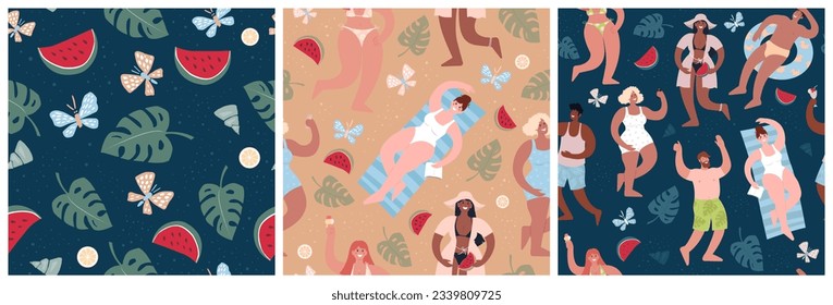 Playa de verano o fiesta en la piscina. Diversas personas con traje de baño se divierten. Conjunto de patrones sin fisuras para cualquier diseño. Ilustraciones modernas de vectores planos para tela, papel envolvente y papel pintado.	