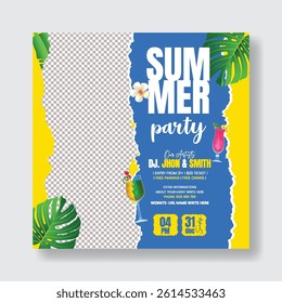 summer beach or pool party editable social media post, banner, summer web banner for summer fashion sale offer template, Holiday and tour advertisement background, summer social media poster