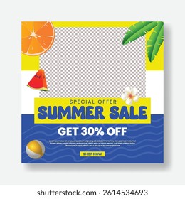 summer beach or pool party editable social media post, banner, summer web banner for summer fashion sale offer template,  Holiday and tour advertisement background, summer party square poster or flyer