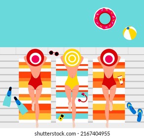 Summer beach, pool party with sunbathing sexy woman on towel, summertime, swimming pool  holiday concept vector background