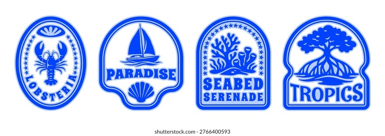 Summer Beach Postage Patch Sticker Pack, Coastal Vacation Vibes Doodle Print, Hand Drawn Tropical Ocean Postal Stamps Vector Illustration for T-Shirt Print, Poster, Scrapbook, Logo Design