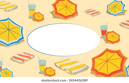 Postal de playa de verano. Sombrilla de playa y toalla con bebida en vidrio en la arena. Diseño plano. Fondo de verano. Lugar para el texto. Ilustración vectorial