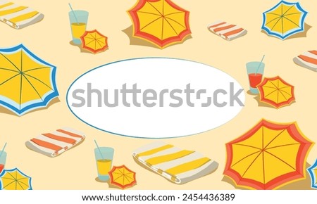 Summer beach postcard. Beach umbrella and towel with drink in glass on sand. Flat design style. Summer background. Place for text. Vector illustration