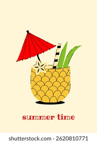 Cartaz da praia de verão. Fundo de verão com coquetel de abacaxi tropical. Ilustração vetor vintage para cartaz, banner, capa, cartão, história, venda de verão
