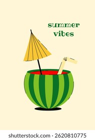 Summer beach poster. Summer background with tropical watermelon cocktail. Vintage vector illustration for poster, banner, cover, card, story, summer sale
