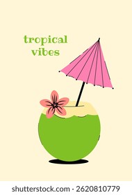 Summer beach poster. Summer background with tropical coconut cocktail. Vintage vector illustration for poster, banner, cover, card, story, summer sale
