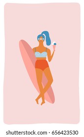 Summer beach poster with a girl in bikini with ice cream and surfboard in vector