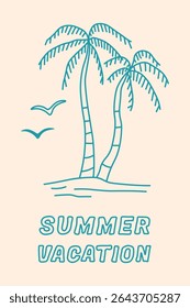 Summer beach poster with hand drawn in line art island with palm trees on the seashore and seagulls. Abstract tropical vector card in doodle style.