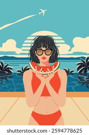Summer Beach Poster in retro style. Illustration of a girl in swimsuit and sunglasses. Beach vacation, travel, vacation in hot countries. Vector