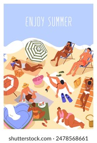 Summer beach poster. Sea resort, vacation card design. Tiny people sunbathing, seaside holiday chill, vertical background with characters relaxing, resting on sand coast. Flat vector illustration