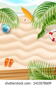 Summer beach poster. Seaside sand with azure waves, tropical leaves, surfboard, inflatable ball, flip flops and life buoy on seashore. Vector summer party, holiday background for travelling vacation