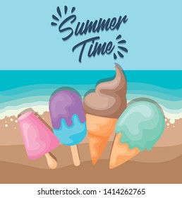 summer beach poster with set of ice cream