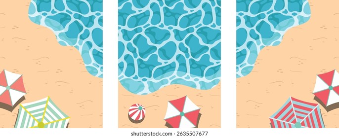 Summer beach poster set with an umbrella and a beach ball.