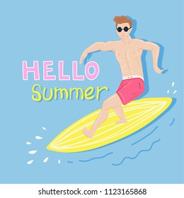 Summer beach poster with surfer on surfboard catching waves. People swimming, relax. Vector retro cartoon illustration, trendy style.