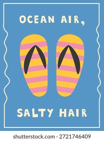 Summer Beach Poster with Text. Flip flops Inspirational Vector illustration in soft colors, relaxed coastal feeling, minimal flat artwork for lifestyle prints and decor