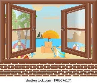 Afiche de la playa de verano a través de una ventana. Vacaciones de verano, ilustración vectorial.