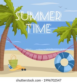 Summer beach poster. Vacation things, accessories  for sea hollidays. Summer time poster. Flat cartoon style