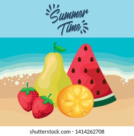 summer beach poster with watermelon and fruits