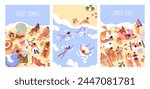 Summer beach posters set. People enjoying vacation by sea, sunbathing, swimming and relaxing. Tourists at leisure, rest and recreation at seaside resort, holiday card. Flat vector illustration