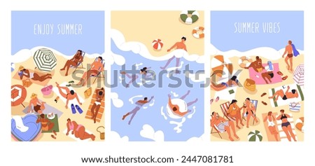 Summer beach posters set. People enjoying vacation by sea, sunbathing, swimming and relaxing. Tourists at leisure, rest and recreation at seaside resort, holiday card. Flat vector illustration