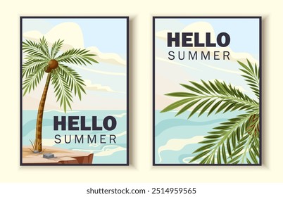 Summer beach posters set. Tropical and exotic palm with coconut. Coastline near sea or ocean. Travelling and tourism. Holiday and vacation. Flat vector collection isolated on beige background