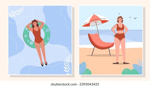 Summer beach posters set. Women in red swimsuit at rubber lifebuoy and near chair with umbrella. Young girls sunbathing. Cartoon flat vector collection isolated on white background