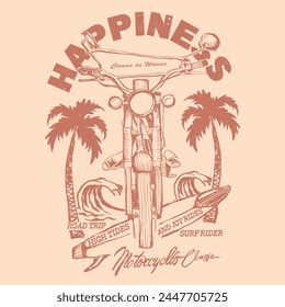 Summer Beach Print Design, hand drawn motorcycles , surfboard, palm tree, mixed together funny print design, typography text with surfing board, summer beach graphic tee