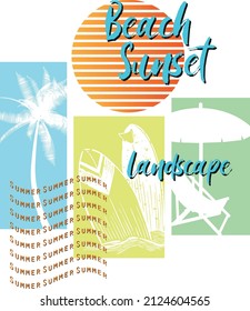 Diseño veraniego de la impresión de la playa. Ilustración impresa.