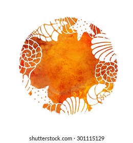 Summer beach print set. Watercolor circle pant stain, sea shells, starfish handdrawn isolated on white background. Frame, space for text