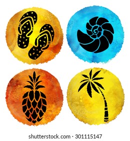 Summer beach print set. Watercolor circle pant stains, flip flop sandals, sea shell, palm tree, pineapple black hand drawn icons isolated on white background 