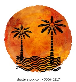 Summer beach print. Watercolor circle pant stain, palm trees, waves black hand drawn isolated on white background