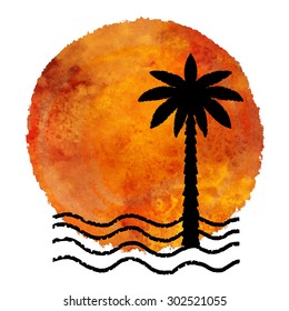 Summer beach print. Watercolor circle pant stain, palm tree, waves black hand drawn isolated on white background