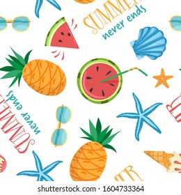 Summer beach printing wallpaper. Summertime cartoon seamless pattern. Summer party print pattern. Summer holiday print design