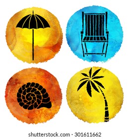 Summer beach prints set. Watercolor circle pant stains, sun umbrella, palm tree, sea shell, deck chair black hand drawn icons isolated on white background 