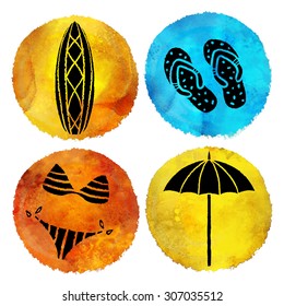 Summer beach prints set. Watercolor circle pant stains, surfboard, flip flop sandals, swimsuit, bikini, sun umbrella, hand drawn icons isolated on white background 