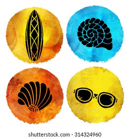 Summer beach prints set. Watercolor circle pant stains, surfboard, sea shells, sunglasses hand drawn icons isolated on white background 
