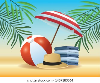 Summer and beach products, beach ball and hat with clothes under umbrella cartoons vector illustration graphic design