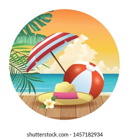 Summer and beach products, hat and ball under umbrella cartoons round icon vector illustration graphic design