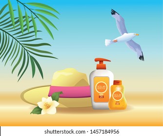 Summer and beach products, hat and sun bronzer cartoons vector illustration graphic design