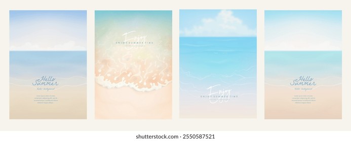 Paisagem realista de praia de verão para cartaz, banner web, capa, livreto ou cartão de saudação. Fundo 3d Seascape. Fundo de viagem desenhado à mão no mar ou no oceano. Ilustração vetorial