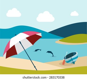 Summer beach with red umbrella. Flat design. 