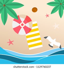 Summer Beach Red Umbrella Beach Mat Seagull Background Vector Image

