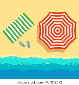 Summer beach with red beach umbrella, towel and shoes near the sea. Sleek design. Vector illustration